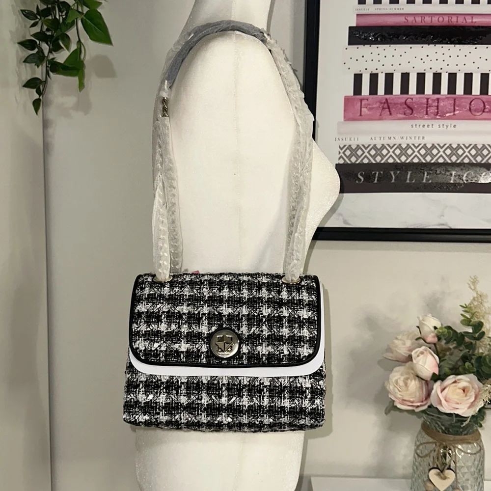 KATE SPADE-tweed Blk & Wht Natalia Flap Crossbody Shoulder Bag NWT - Picture 4 of 16